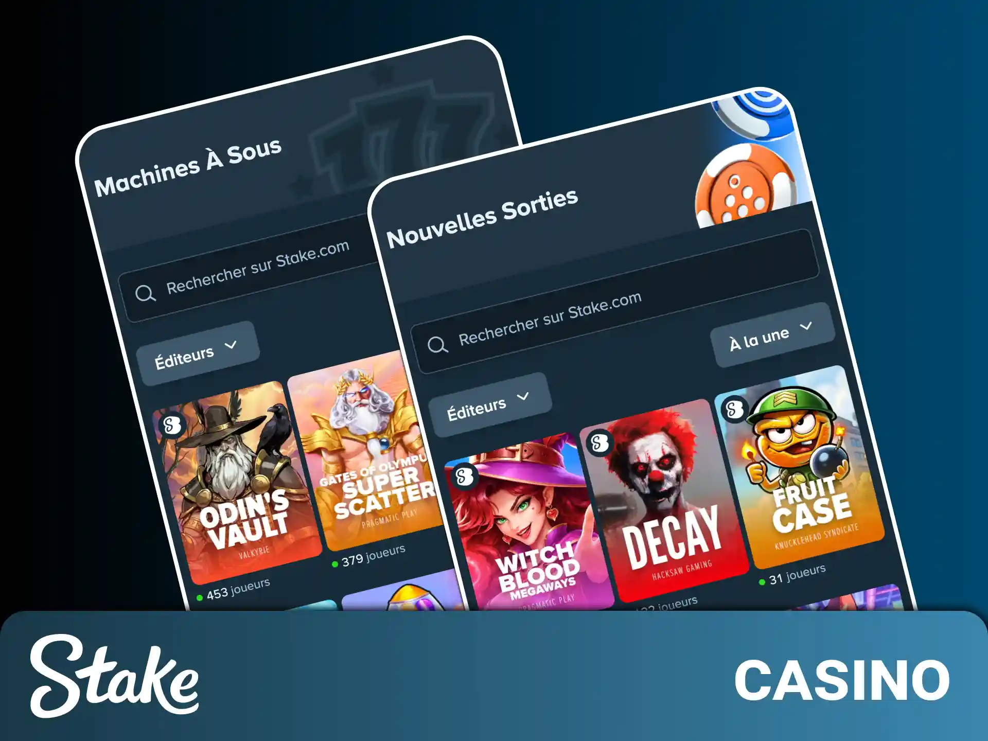 Explorez des milliers de jeux de casino, machines à sous et tables en direct directement depuis l'application mobile Stake.