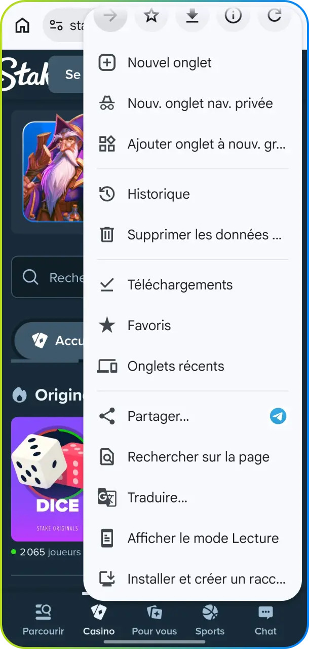 Accédez au menu des options du navigateur pour configurer votre raccourci.