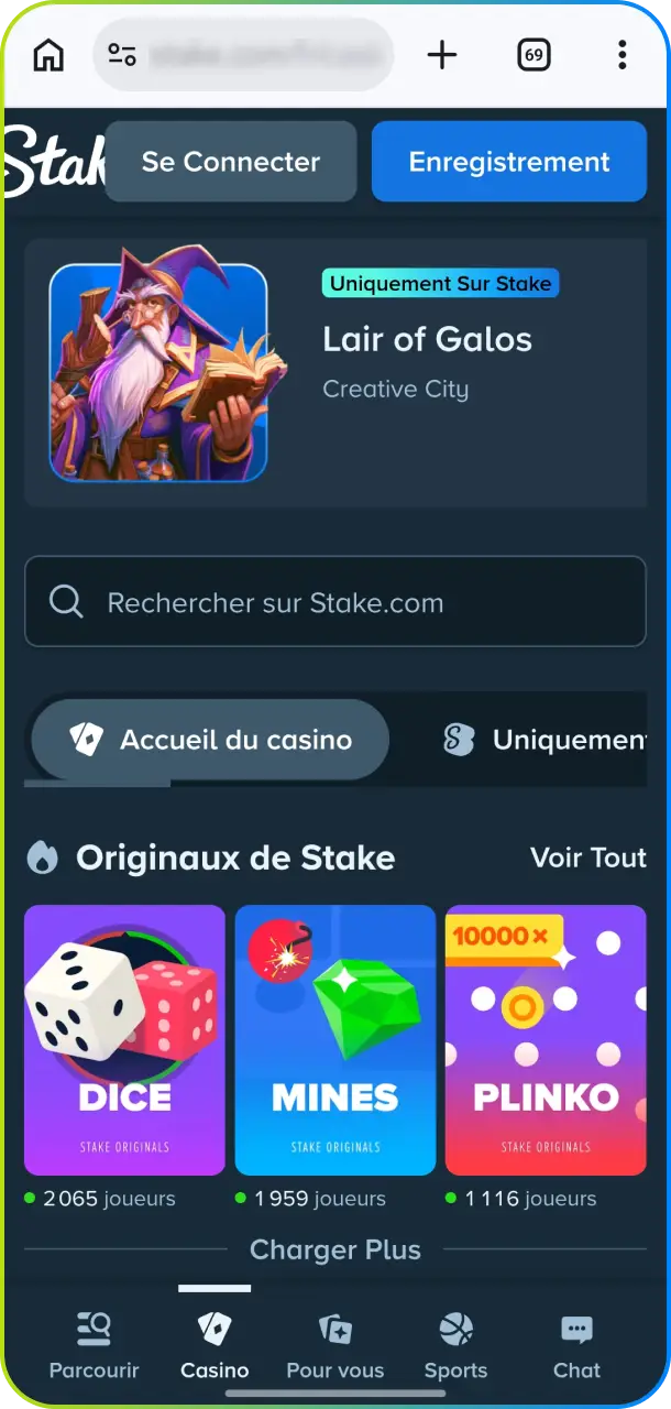 Ouvrez le site officiel de Stake sur Chrome depuis votre appareil mobile.