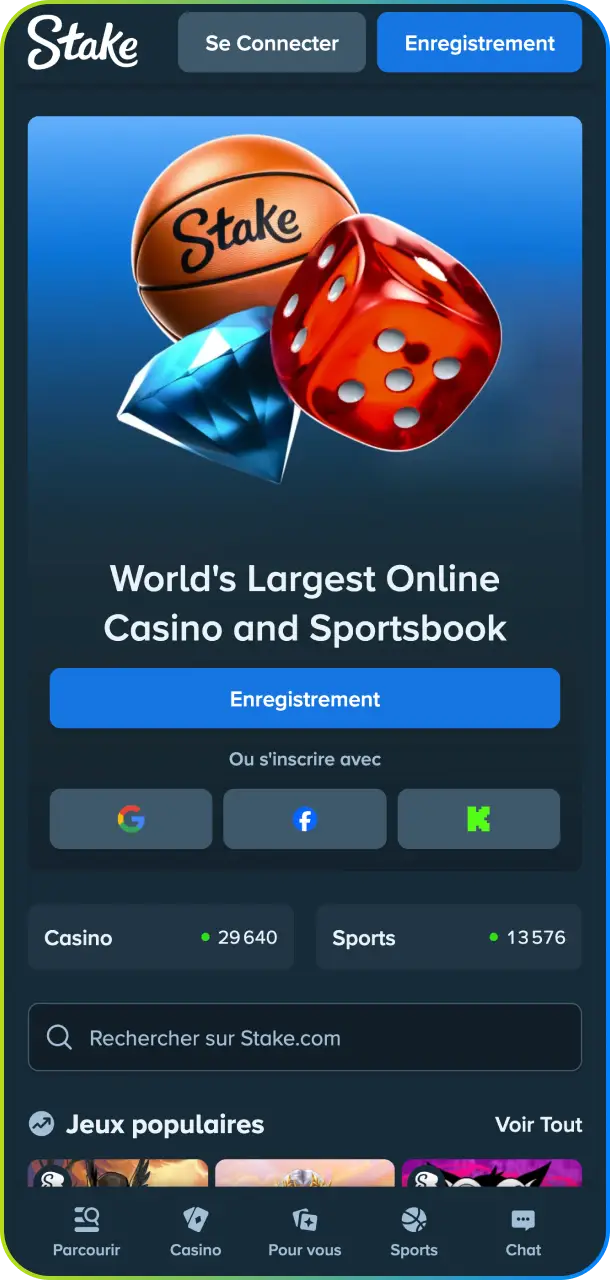 Retrouvez toute l'ergonomie de la plateforme sur l'interface d'accueil de l'application Stake.