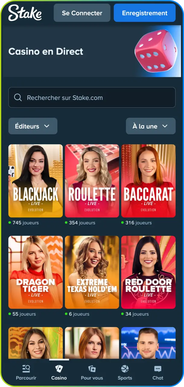 Profitez de vos tables préférées où que vous soyez via l'interface casino en direct sur l'application Stake.