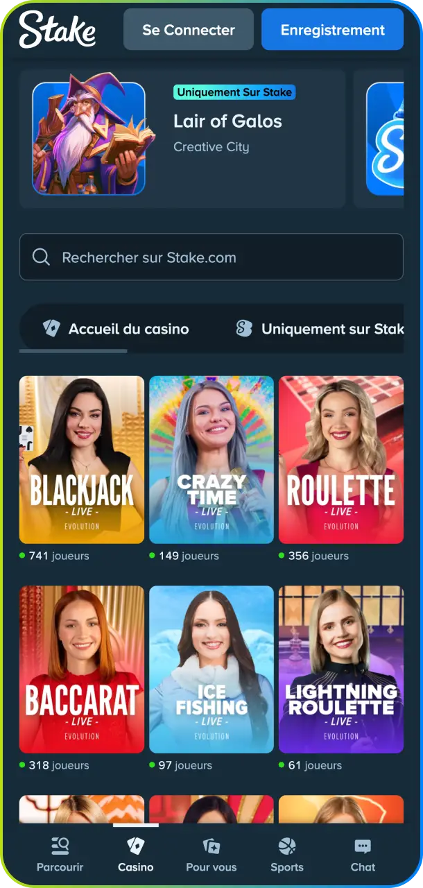 Lancez des centaines de jeux captivants depuis l'interface machines à sous de l'application Stake.