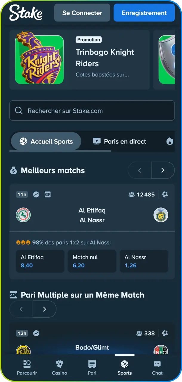 Placez vos paris sportifs en quelques clics grâce à l'interface sport de l'application Stake.