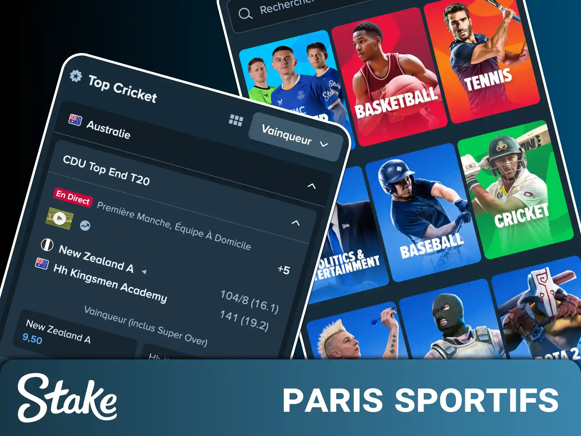 Profitez d'une gamme complète de fonctionnalités de paris sportifs en direct et en d'avant-match sur l'application mobile Stake.
