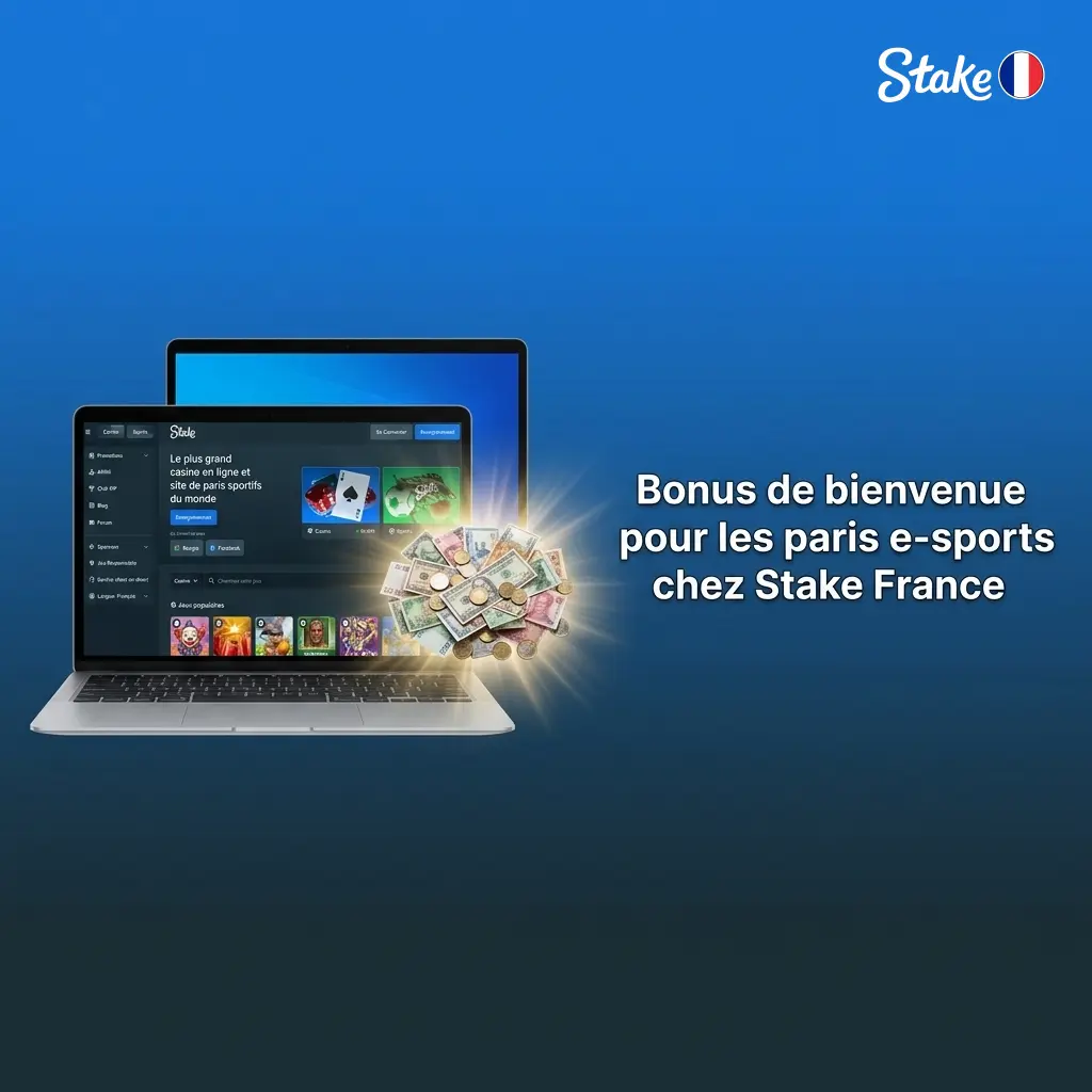 Bonus de bienvenue 100% jusqu'à 100 EUR chez Stake France pour les paris e-sports CS2, Dota 2 et LoL