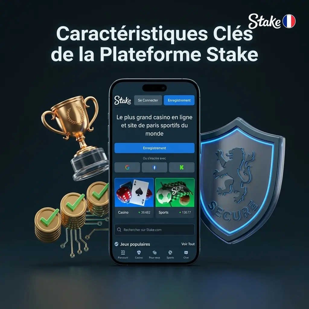 Caractéristiques clés de Stake : retraits rapides, jeux provably fair, app mobile, support 24/7 et paiements diversifiés