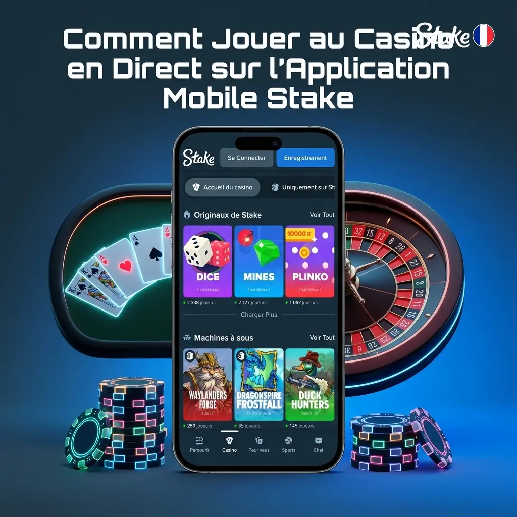 Joueur utilisant l'application mobile Stake pour accéder au casino en direct avec diffusion HD sur smartphone
