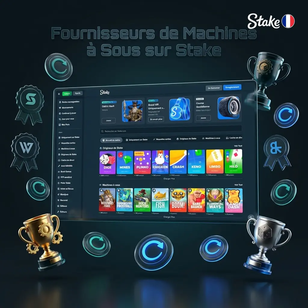 Logos des principaux fournisseurs de machines à sous sur Stake, dont Pragmatic Play, NetEnt et Nolimit City