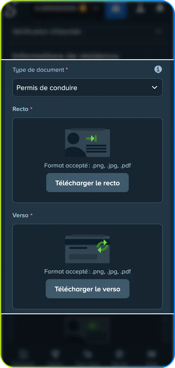 Téléchargez votre pièce d'identité officielle pour valider votre profil sur Stake France.