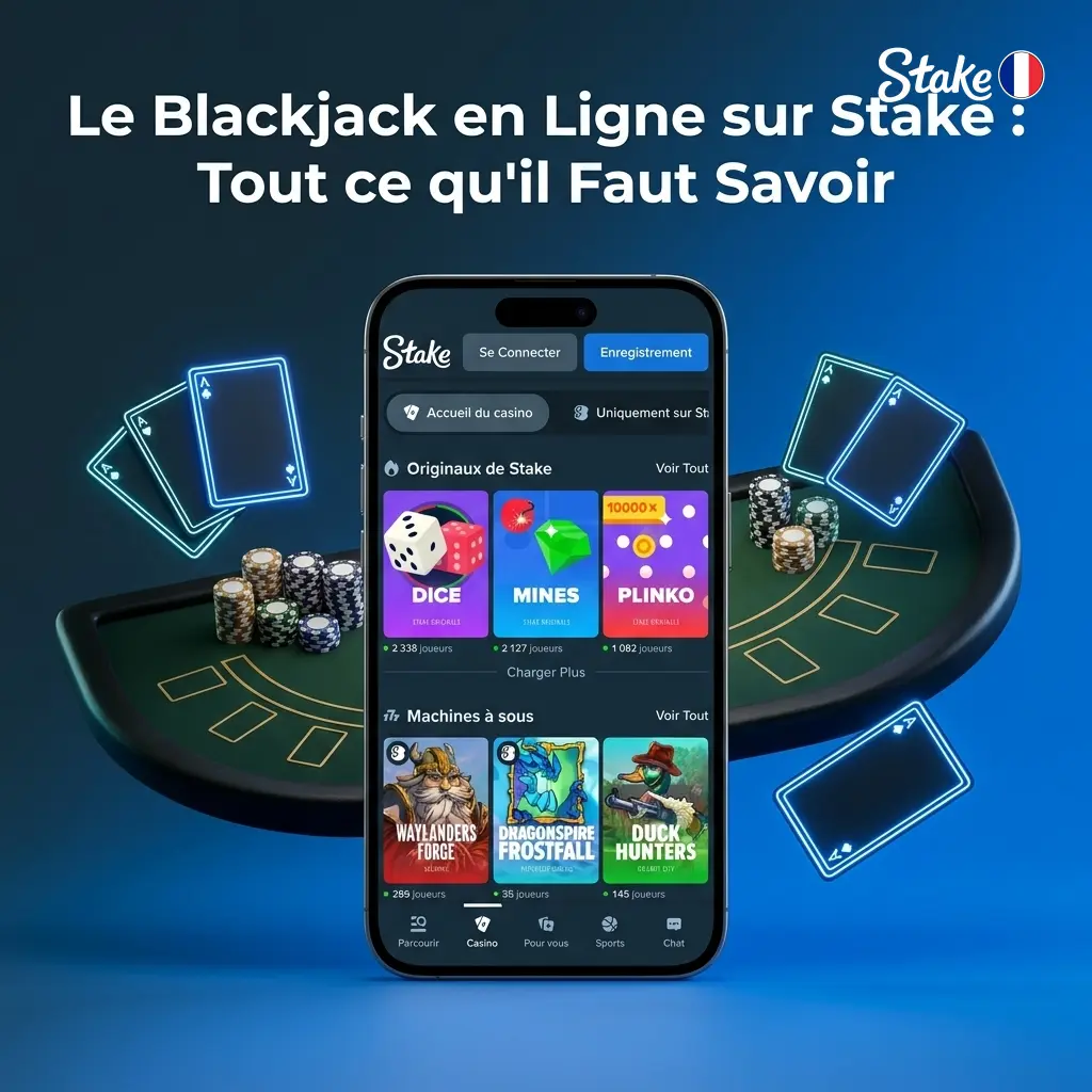 Table de blackjack en ligne sur Stake avec croupier live, cartes et jetons dans une ambiance casino authentique
