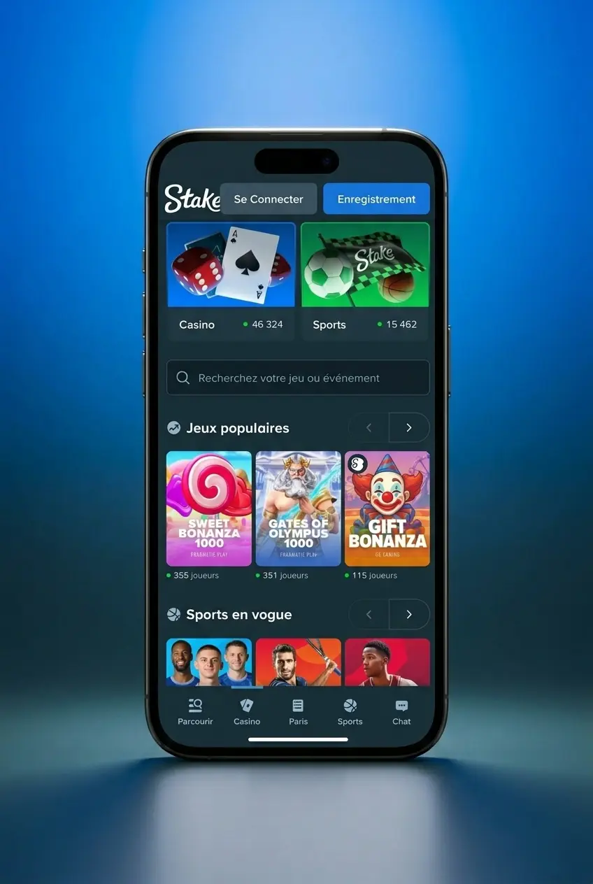 Application mobile Stake pour paris e-sports sur iOS et Android, avec accès aux paris en direct et gestion du compte