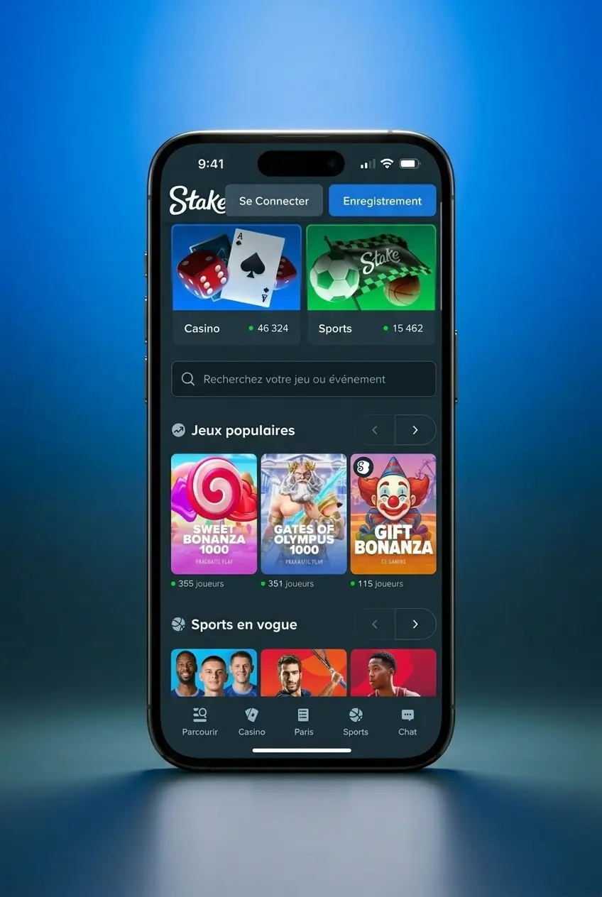 Application mobile Stake pour paris e-sports sur iOS et Android, avec accès aux paris en direct et gestion du compte