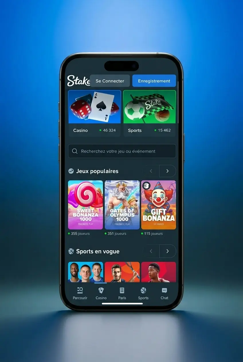 Application mobile Stake pour paris e-sports sur iOS et Android, avec accès aux paris en direct et gestion du compte