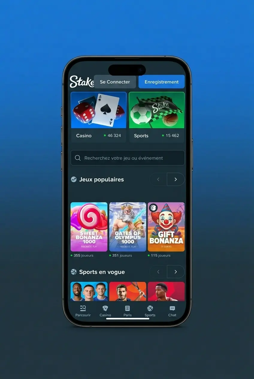 Interface de l'application Stake pour paris basketball sur iOS et Android avec cotes en temps réel