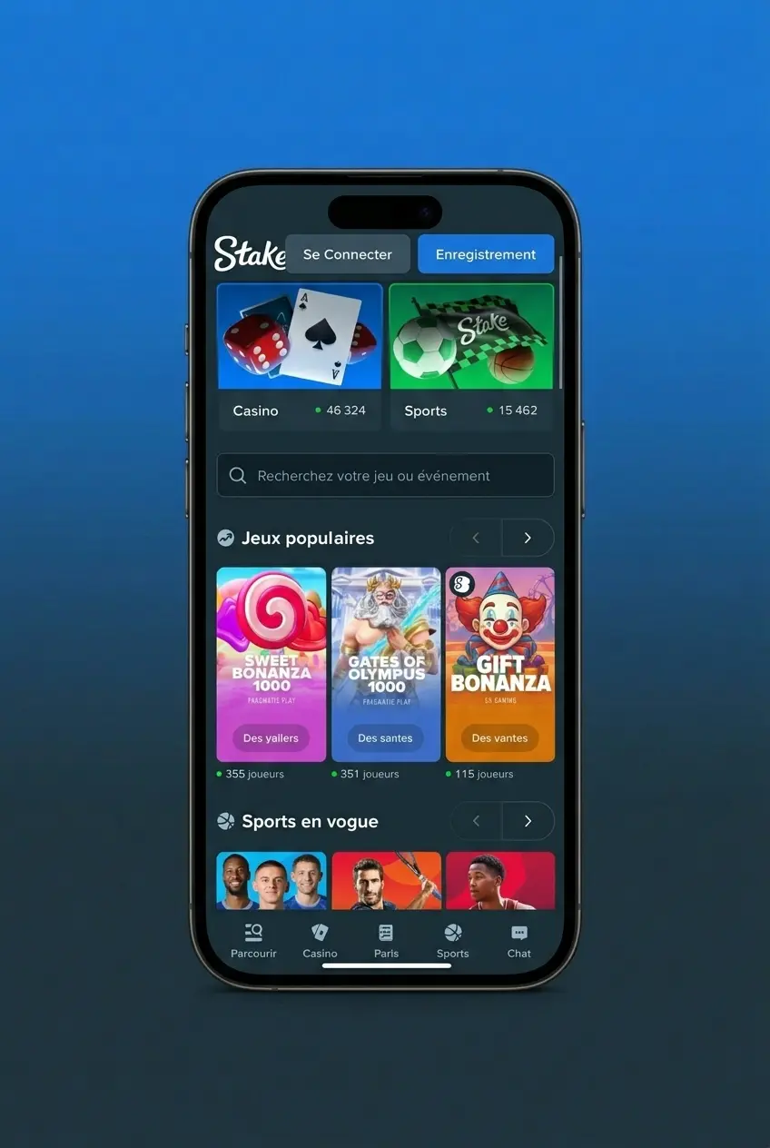 Interface de l'application Stake sur mobile pour parier sur le basketball en direct sur iOS et Android