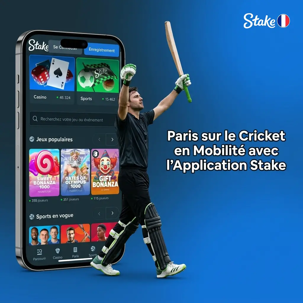 Application mobile Stake pour paris cricket sur iOS et Android avec accès aux cotes en direct et gestion de compte