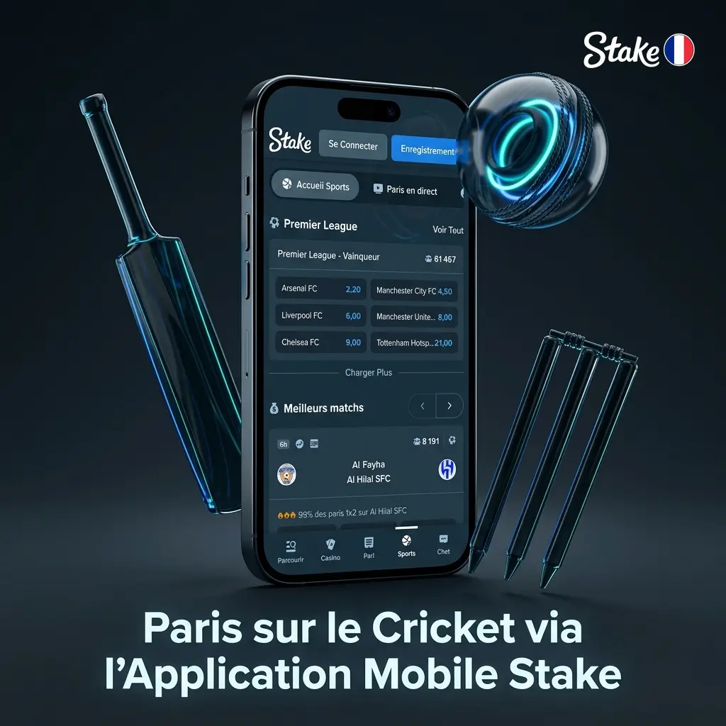 Paris sur le cricket via l'application mobile Stake sur Android et iOS, avec dépôts, retraits et paris en direct