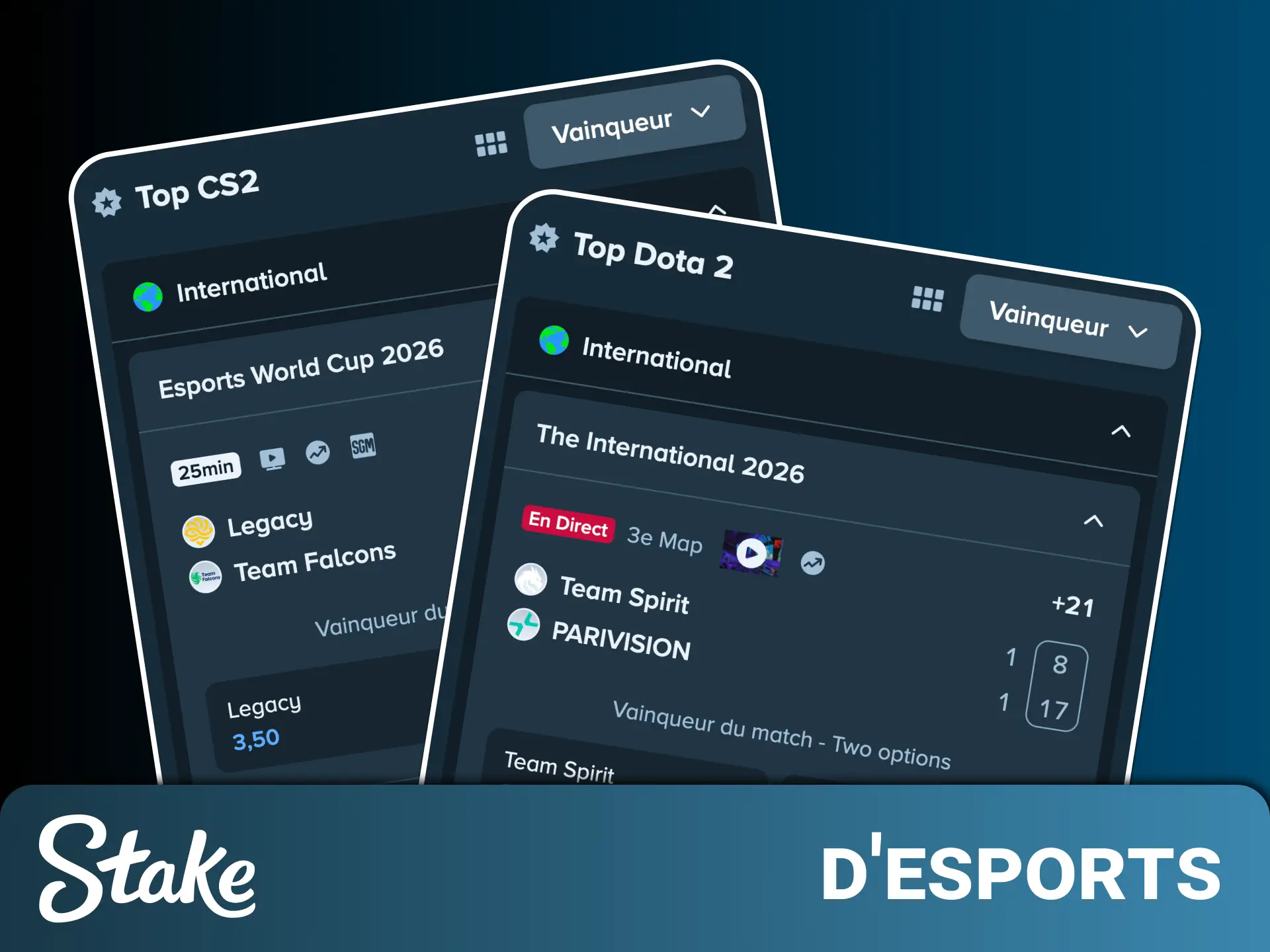 Explorez l'arène des eSports et des sports virtuels sur Stake France pour parier sur les plus grandes compétitions numériques.