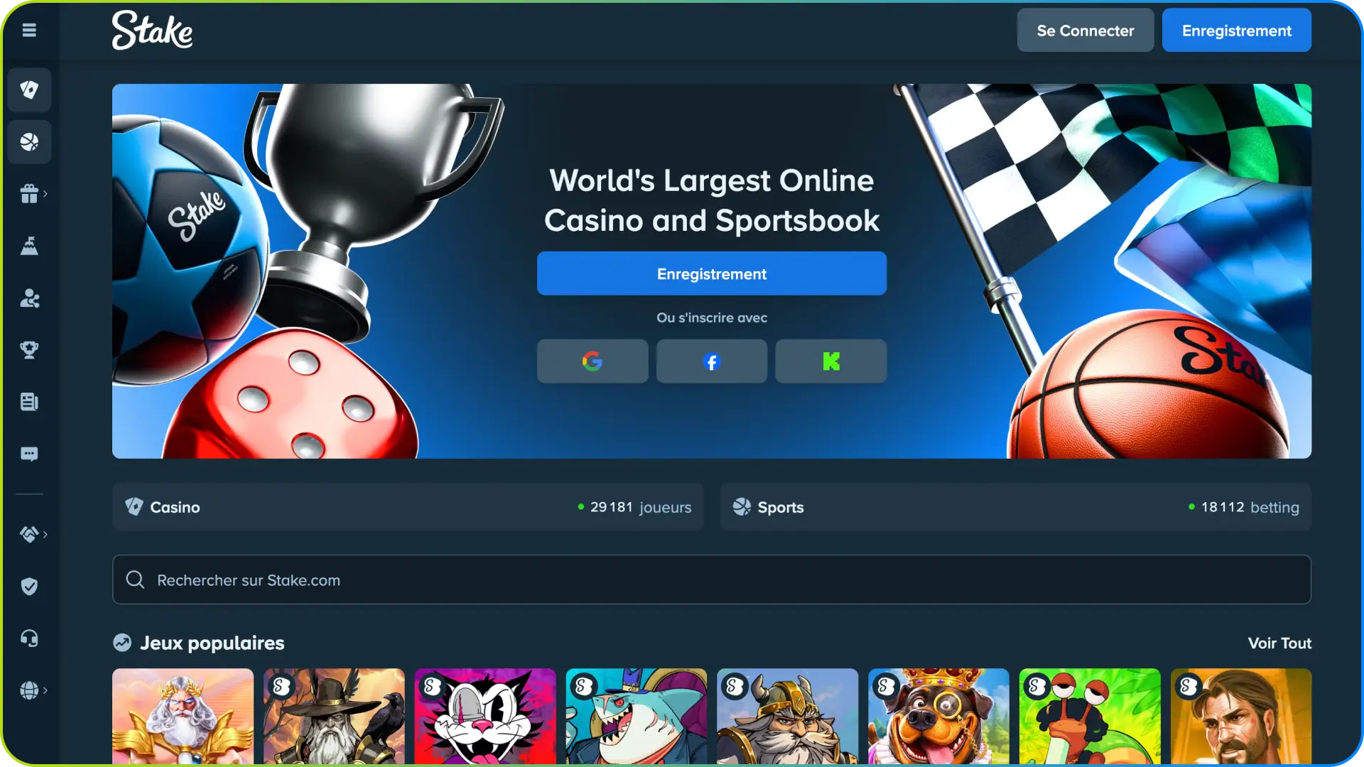Découvrez l'interface d'accueil principale de la plateforme Stake France.