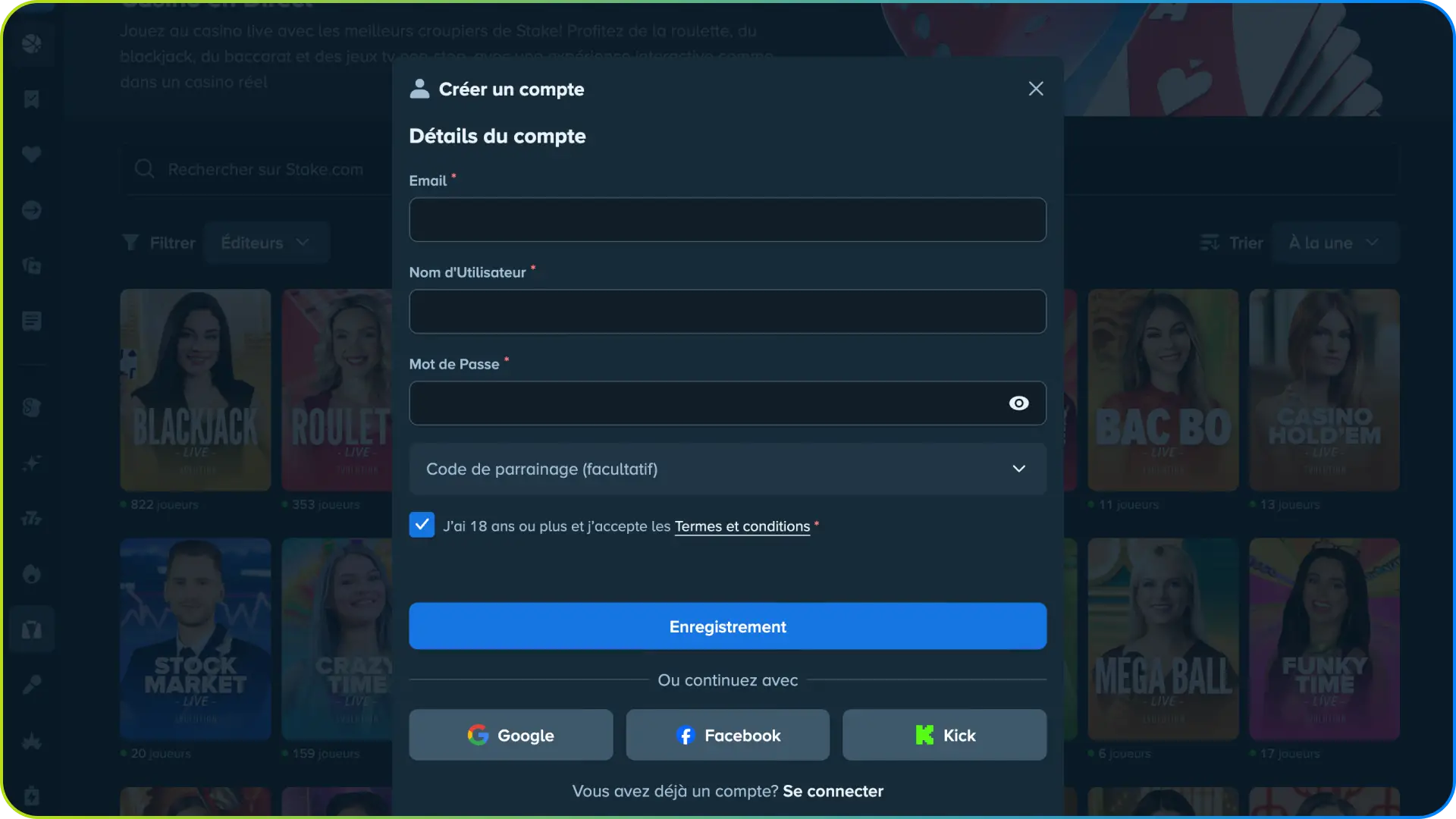 Complétez le formulaire de registre pour créer votre compte Stake.