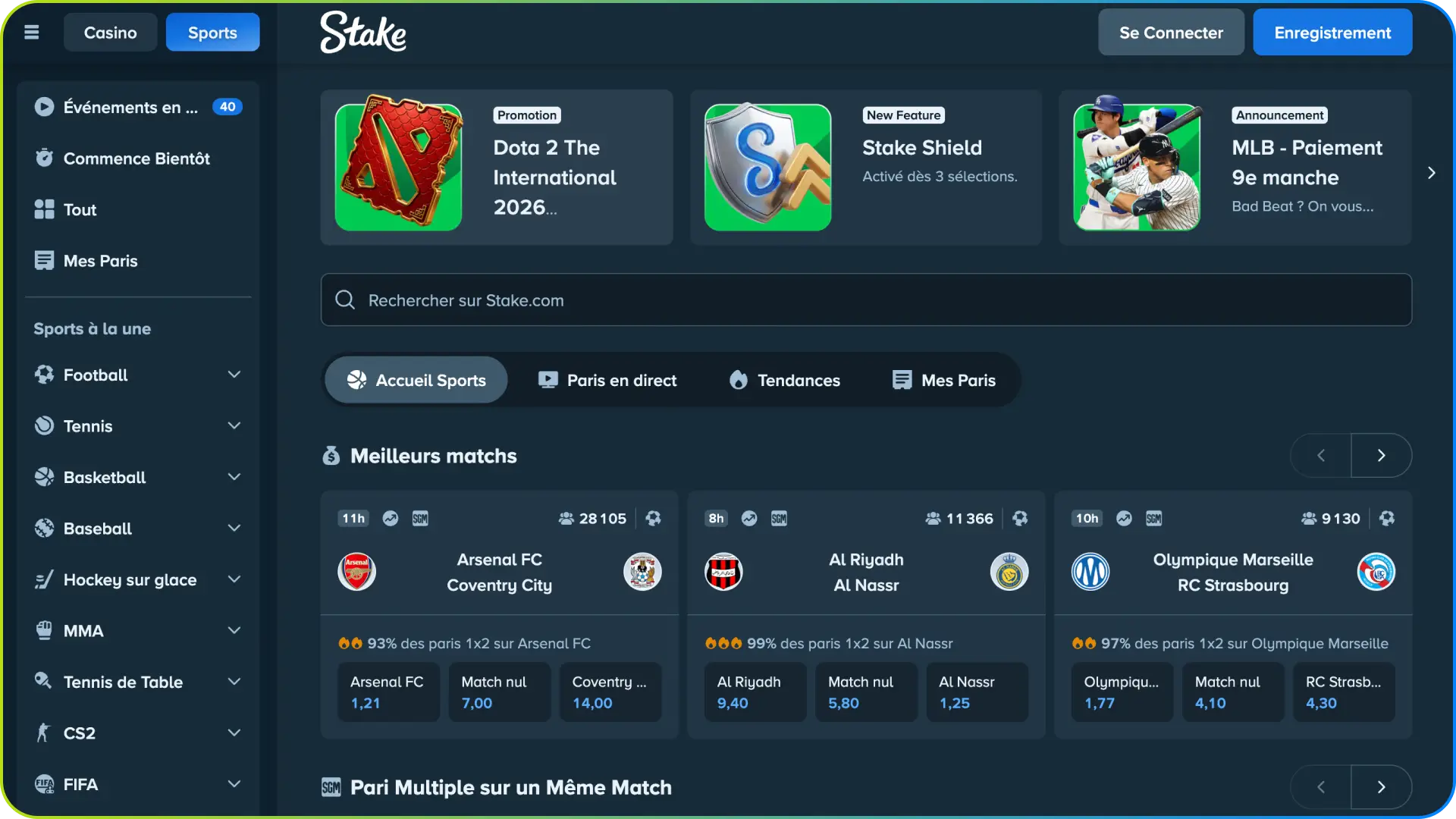 Pariez facilement sur vos événements favoris via l'interface sport de Stake.