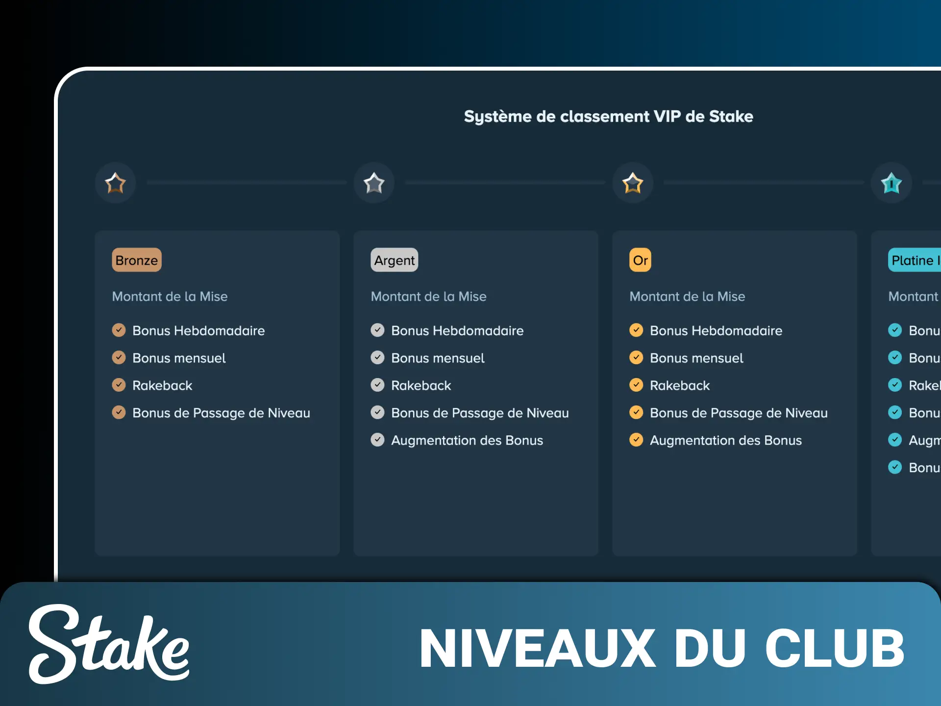 Découvrez tous les niveaux du club VIP Stake pour cumuler des avantages personnalisés.